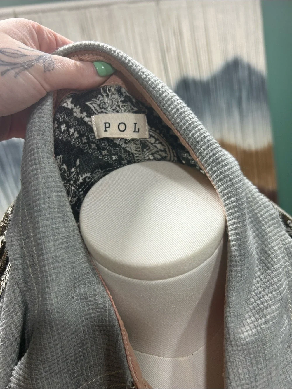 POL Patchwork Button-Down Shirt in Peach, Gray, Black, Yellow